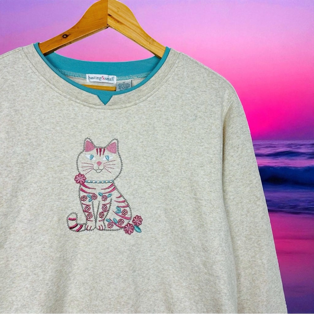 Vintage 90s Cat Cross Stitched Embroidered Rhinestone Fleece Sweatshirt Gray M